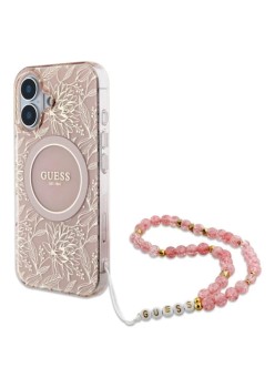 Husa pentru iPhone 16 - Guess IML Flowers Allover Electro With Pearl Strap MagSafe (GUHMP16SHCPOFPP) - Pink