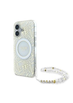 Husa pentru iPhone 16 - Guess IML Flowers Allover Electro With Pearl Strap MagSafe (GUHMP16SHCPOFPH) - White