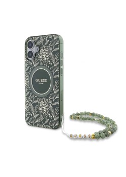 Husa pentru iPhone 16 Plus - Guess IML Flowers Allover Electro With Pearl Strap MagSafe (GUHMP16MHCPOFPA) - Green
