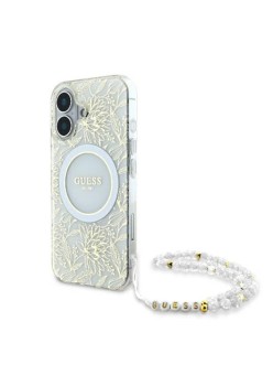 Husa pentru iPhone 16 Plus - Guess IML Flowers Allover Electro With Pearl Strap MagSafe (GUHMP16MHCPOFPH) - White