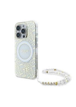 Husa pentru iPhone 16 Pro - Guess IML Flowers Allover Electro With Pearl Strap MagSafe (GUHMP16LHCPOFPH) - White