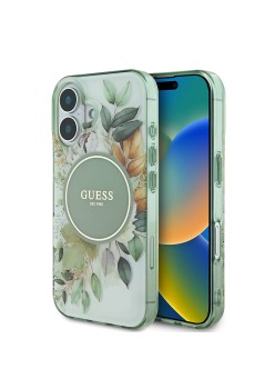 Husa pentru iPhone 16 - Guess IML Flower and Tonal Circle MagSafe (GUHMP16SHFWBDCEN) - Green