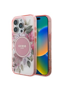 Husa pentru iPhone 16 Pro - Guess IML Flower and Tonal Circle MagSafe (GUHMP16LHFWBDCEP) - Pink