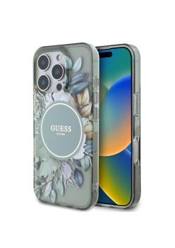 Husa pentru iPhone 16 Pro - Guess IML Flower and Tonal Circle MagSafe (GUHMP16LHFWBDCEN) - Green