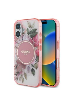 Husa pentru iPhone 16 - Guess IML Flower and Tonal Circle MagSafe (GUHMP16SHFWBDCEP) - Pink