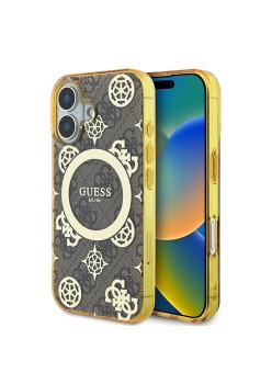 Husa pentru iPhone 16 - Guess IML Peony On 4G Background MagSafe (GUHMP16SH4PYEEW) - Brown
