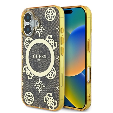 Husa pentru iPhone 16 - Guess IML Peony On 4G Background MagSafe (GUHMP16SH4PYEEW) - Brown