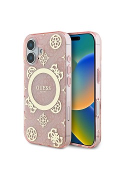 Husa pentru iPhone 16 - Guess IML Peony On 4G Background MagSafe (GUHMP16SH4PYEEP) - Pink