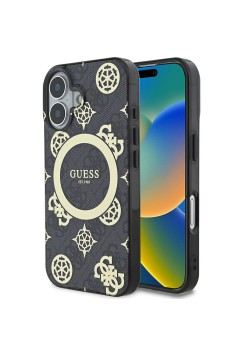 Husa pentru iPhone 16 - Guess IML Peony On 4G Background MagSafe (GUHMP16SH4PYEEK) - Black