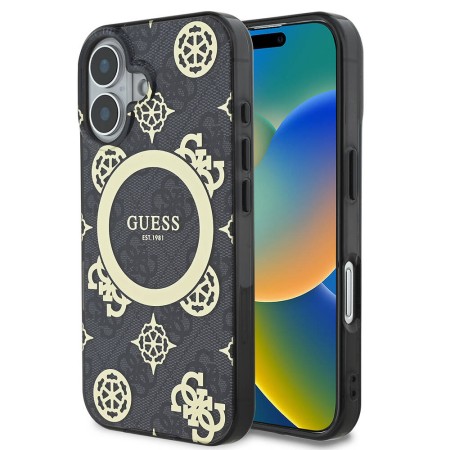 Husa pentru iPhone 16 - Guess IML Peony On 4G Background MagSafe (GUHMP16SH4PYEEK) - Black