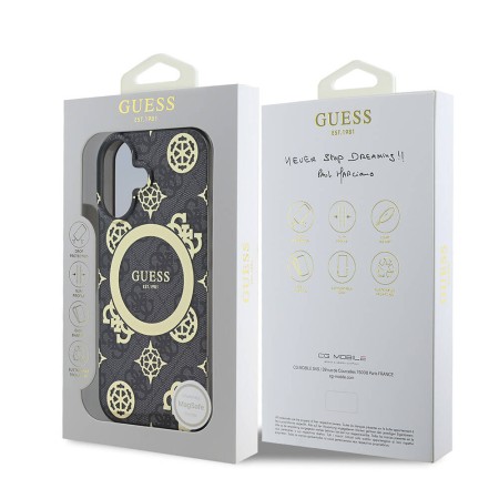 Husa pentru iPhone 16 - Guess IML Peony On 4G Background MagSafe (GUHMP16SH4PYEEK) - Black