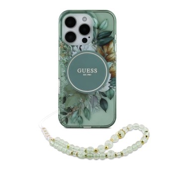 Husa pentru iPhone 16 Pro Max - Guess IML Flowers with Pearl Strap MagSafe (GUHMP16XHFWBRCESN) - Green