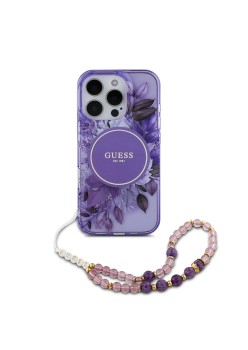 Husa pentru iPhone 16 Pro - Guess IML Flowers with Pearl Strap MagSafe (GUHMP16LHFWBRCESU) - Purple