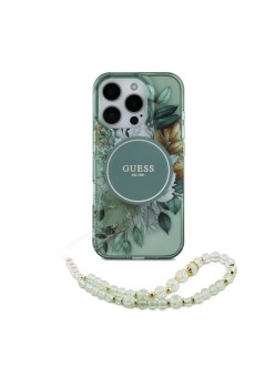 Husa pentru iPhone 16 Pro - Guess IML Flowers with Pearl Strap MagSafe (GUHMP16LHFWBRCESN) - Green