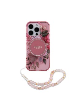 Husa pentru iPhone 16 Pro - Guess IML Flowers with Pearl Strap MagSafe (GUHMP16LHFWBRCESP) - Pink