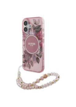Husa pentru iPhone 16 Plus - Guess IML Flowers with Pearl Strap MagSafe (GUHMP16MHFWBRCESP) - Pink