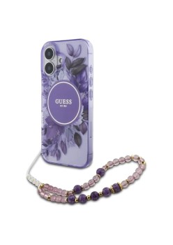 Husa pentru iPhone 16 - Guess IML Flowers with Pearl Strap MagSafe (GUHMP16SHFWBRCESU) - Purple
