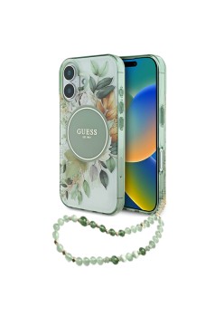 Husa pentru iPhone 16 - Guess IML Flowers with Pearl Strap MagSafe (GUHMP16SHFWBRCESN) - Green