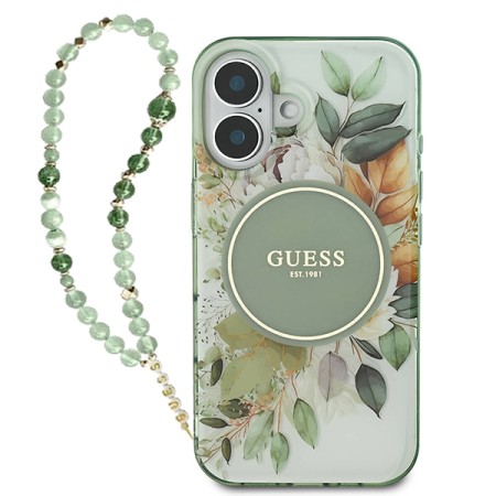 Husa pentru iPhone 16 - Guess IML Flowers with Pearl Strap MagSafe (GUHMP16SHFWBRCESN) - Green