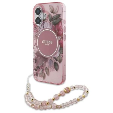 Husa pentru iPhone 16 - Guess IML Flowers with Pearl Strap MagSafe (GUHMP16SHFWBRCESP) - Pink