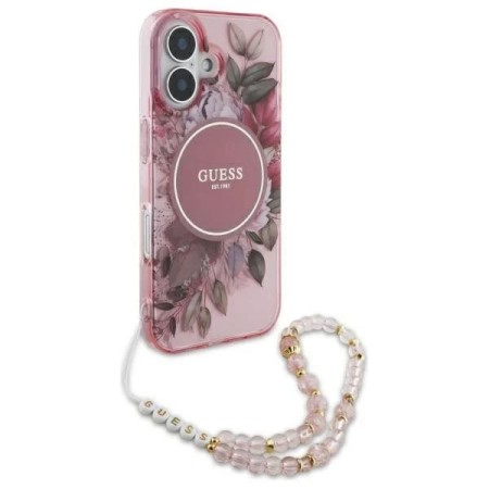 Husa pentru iPhone 16 - Guess IML Flowers with Pearl Strap MagSafe (GUHMP16SHFWBRCESP) - Pink