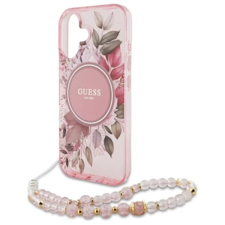 Husa pentru iPhone 16 - Guess IML Flowers with Pearl Strap MagSafe (GUHMP16SHFWBRCESP) - Pink
