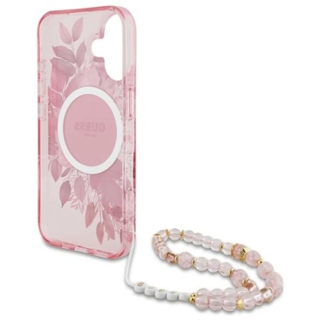 Husa pentru iPhone 16 - Guess IML Flowers with Pearl Strap MagSafe (GUHMP16SHFWBRCESP) - Pink