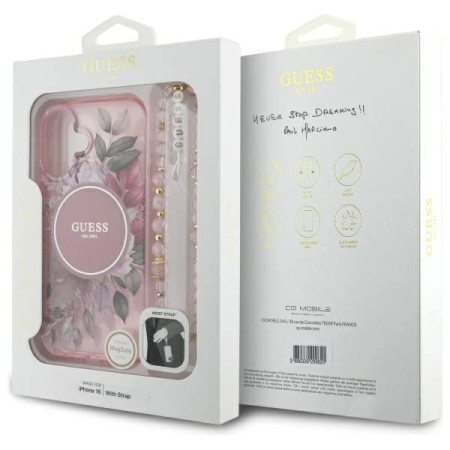Husa pentru iPhone 16 - Guess IML Flowers with Pearl Strap MagSafe (GUHMP16SHFWBRCESP) - Pink