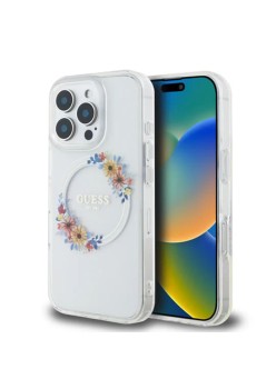 Husa pentru iPhone 16 Pro Max - Guess IML Flowers Wreath MagSafe (GUHMP16XHFWFCT) - Clear
