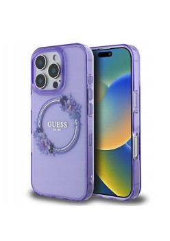 Husa pentru iPhone 16 Pro Max - Guess IML Flowers Wreath MagSafe (GUHMP16XHFWFCU) - Purple
