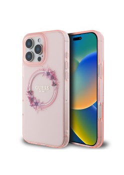 Husa pentru iPhone 16 Pro Max - Guess IML Flowers Wreath MagSafe (GUHMP16XHFWFCP) - Pink
