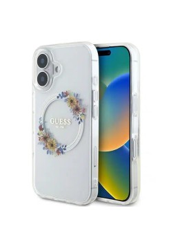 Husa pentru iPhone 16 - Guess IML Flowers Wreath MagSafe (GUHMP16SHFWFCT) - Clear
