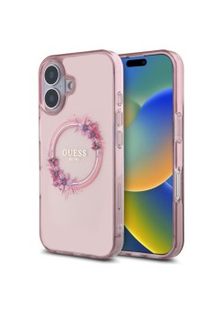 Husa pentru iPhone 16 - Guess IML Flowers Wreath MagSafe (GUHMP16SHFWFCP) - Pink