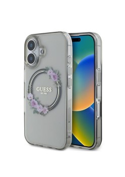 Husa pentru iPhone 16 - Guess IML Flowers Wreath MagSafe (GUHMP16SHFWFCK) - Black