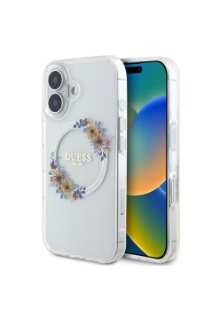 Husa pentru iPhone 16 Plus - Guess IML Flowers Wreath MagSafe (GUHMP16MHFWFCT) - Clear