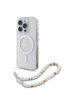 Husa pentru iPhone 16 Pro - Guess IML Glitter with Pearl Strap MagSafe (GUHMP16LHGCRELST) - Clear