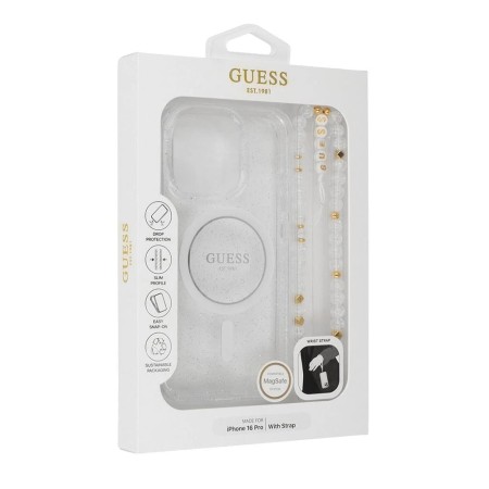 Husa pentru iPhone 16 Pro - Guess IML Glitter with Pearl Strap MagSafe (GUHMP16LHGCRELST) - Clear