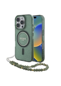 Husa pentru iPhone 16 Pro - Guess IML Glitter with Pearl Strap MagSafe (GUHMP16LHGCRELSA) - Green