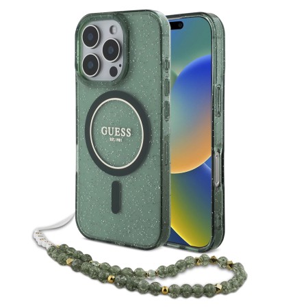 Husa pentru iPhone 16 Pro - Guess IML Glitter with Pearl Strap MagSafe (GUHMP16LHGCRELSA) - Green