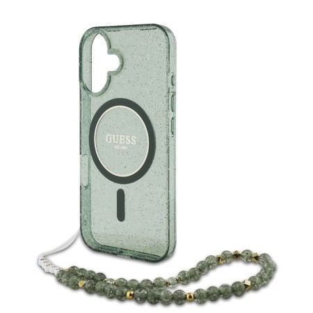 Husa pentru iPhone 16 Pro - Guess IML Glitter with Pearl Strap MagSafe (GUHMP16LHGCRELSA) - Green