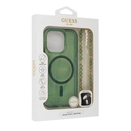 Husa pentru iPhone 16 Pro - Guess IML Glitter with Pearl Strap MagSafe (GUHMP16LHGCRELSA) - Green