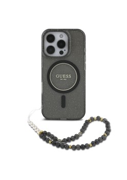 Husa pentru iPhone 16 Pro - Guess IML Glitter with Pearl Strap MagSafe (GUHMP16LHGCRELSK) - Black