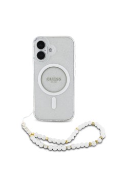 Husa pentru iPhone 16 - Guess IML Glitter with Pearl Strap MagSafe (GUHMP16SHGCRELST) - Clear