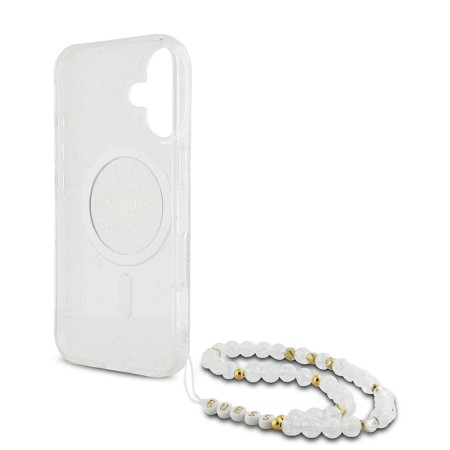 Husa pentru iPhone 16 - Guess IML Glitter with Pearl Strap MagSafe (GUHMP16SHGCRELST) - Clear