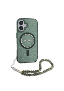 Husa pentru iPhone 16 - Guess IML Glitter with Pearl Strap MagSafe (GUHMP16SHGCRELSA) - Green