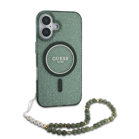 Husa pentru iPhone 16 - Guess IML Glitter with Pearl Strap MagSafe (GUHMP16SHGCRELSA) - Green