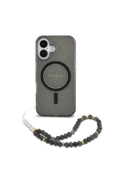 Husa pentru iPhone 16 - Guess IML Glitter with Pearl Strap MagSafe (GUHMP16SHGCRELSK) - Black