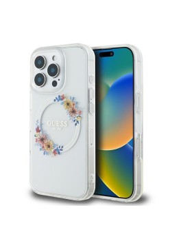 Husa pentru iPhone 16 Pro - Guess IML Flowers Wreath MagSafe (GUHMP16LHFWFCT) - Clear