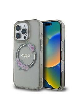 Husa pentru iPhone 16 Pro - Guess IML Flowers Wreath MagSafe (GUHMP16LHFWFCK) - Black
