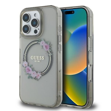 Husa pentru iPhone 16 Pro - Guess IML Flowers Wreath MagSafe (GUHMP16LHFWFCK) - Black